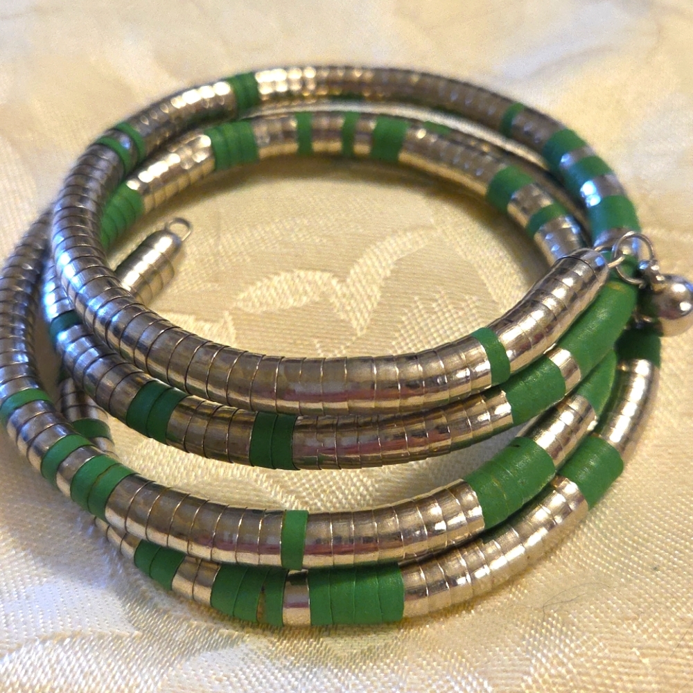 Green & Silvertone Coil Bracelet